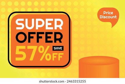 Super Offer Product Template - 57% off Creative Advertising Banner, Orange, Yellow, Black, White, Polka Dots Background, Speech Bubble for Price