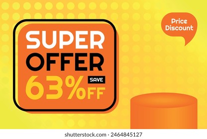 Super Offer Product Template - 63% off Creative Advertising Banner, Orange, Yellow, Black, White, Polka Dots Background, Speech Bubble for Price