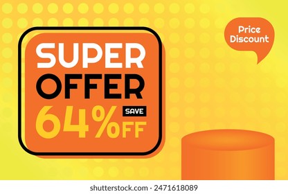 Super Oferta Plantilla de Producto - 64% de descuento Anuncio de publicidad creativa, naranja, amarillo, negro, blanco, fondo de lunares, burbuja de voz para el Precio