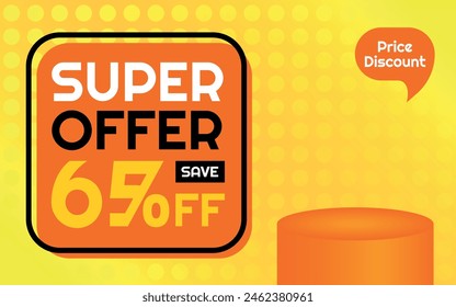 Super Offer Product Template - 65% off Creative Advertising Banner, Orange, Yellow, Black, White, Polka Dots Background, Speech Bubble for Price