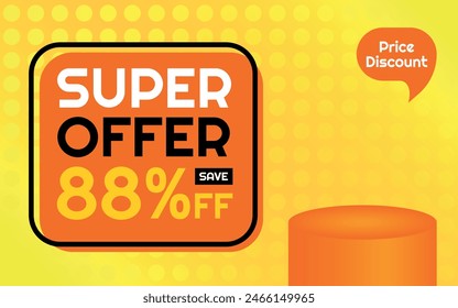 Super Offer Product Template - 88% off Creative Advertising Banner, Orange, Yellow, Black, White, Polka Dots Background, Speech Bubble for Price