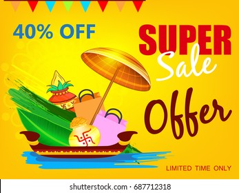 Super Offer, Sale, Banner Design for Onam Offer with Umbrella, Banana Leaf, Gifts, Snake Boat etc. on decorative background.