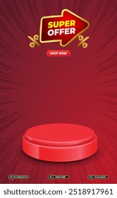 super offer sale discount portait template banner with blank space 3d podium for social media post product sale with abstract gradient red background design 23