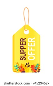 Super offer, sticker with text sample in different colors and leaves as decoration on bottom of it, icon on vector illustration isolated on white