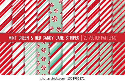 Super Pack of Red, Mint Green and White Candy Cane Stripes and Peppermints Seamless Vector Patterns. Christmas Background. Variable Thickness Diagonal Lines. Repeating Pattern Tile Swatches Included.