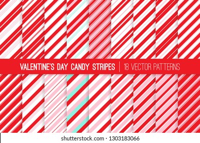 Super Pack of Red, Pink, Aqua Blue and White Candy Cane Stripes Vector Patterns. Valentine's Day Backgrounds. Repeating Pattern Tile Swatches Included.