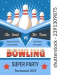 Super party bowling night invitation card or flyer with date, time and place. Sports activity for players. Pins and best strike records. Poster or advertisement banner, vector in flat styles