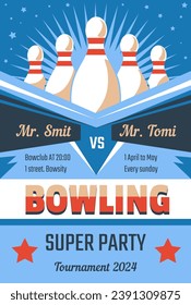 Super Party Bowling Nacht Einladungskarte oder Flyer mit Datum, Uhrzeit und Ort. Sportliche Aktivität für Spieler. Pins und beste Streikaufnahmen. Poster- oder Werbebanner, Vektorgrafik in flachen Stilen