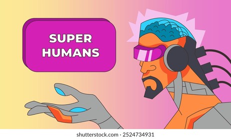 Anuncio de gente estupenda en estilo cómico. Futurista humano del futuro con la ayuda de la IA muestra un signo con una frase de su mano. Ilustración vectorial plana.