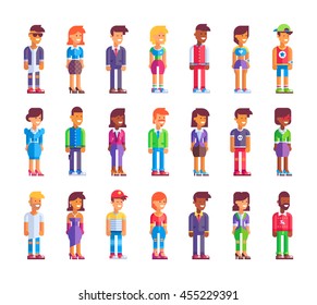 Super people set. 21 different female and male characters in flat design. Men and women diverse styles. Stock vector illustration. 