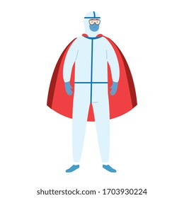 super person with biohazard suit and hero cloak vector illustration design