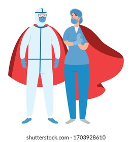 super person with biohazard suit and paramedic female vector illustration design