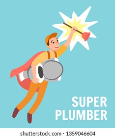 Super Plumber Vector Illustration. Cartoon Superhero Repairman in Uniform Cape with Plunger Tool Toilet Bowl. Plumbing Expert Service Concept Handyman Toilet Cleaning Repair Fixing