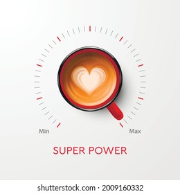 Super Power of Coffee. Vector 3d Realistic Red Mug with Milk Foam Coffee and Volume Scale. Concept Banner with Coffee Cup. Design Template. Top View