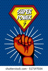 Super Power Comic Design And Human Hand Over Pop Art Colorful Background. Vector Illustration