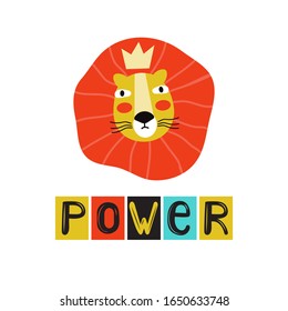 Super power decorative hand drawn vector lettering. Freedom slogan with cute lion face scandinavian style illustration. Funny tshirt print, banner design element. Creative with kawaii super hero