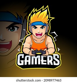 Super Power Gamer Guy Mascot Esport Logo Design Vector Illustration