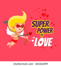 Super power of love. Valentine's day design concept with cupid as super hero aiming at his goal with bow and arrow. Vector illustration