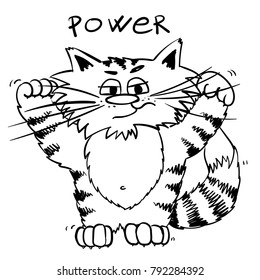 Super power strong sporty cat.  kitty with big biceps.  infantile outline sketch cat for coloring book. Kitty in   the morning for print. Doodle skeptic cartoon lazy tom