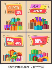 Super price -20% best offer and mega sale, collection of posters with images of various presents with ribbons and headline above vector illustration