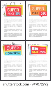 Super price -35% and big sale, rectangular labels with bows on top of them, headlines and text sample vector illustration isolated on white background