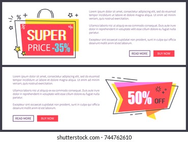 Super price 35 percent off and  50 percent off, pages with headlines placed in shapes of bag and ribbon, text and buttons on vector illustration web banners