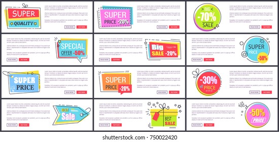 Super price and best sale, different stickers placed on web pages, labels and headlines, text and buttons on vector illustration isolated on white
