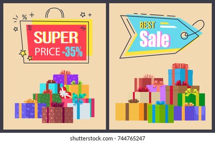 Super price best sale hanging labels on laces decorated with stars, promo stickers on vector illustration posters with gift boxes on beige background