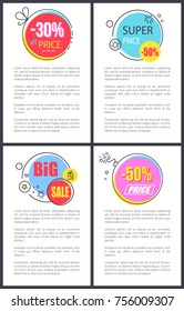 Super price and big sale -50% off, posters with colorful stickers and text sample placed in bottom of banner vector illustration isolated on white