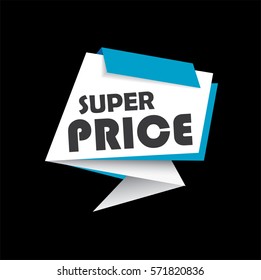 Super price discount banner bubble, white and blue origami vector design