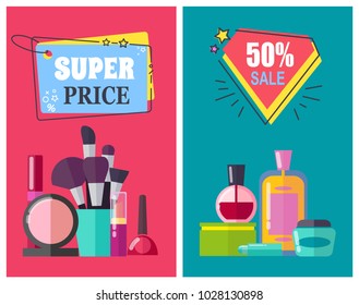 Super price for makeup tools and cosmetics posters. Professional beauty means vector illustrations on half price announcement promotional banners.