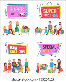 Super price off up to 30% commercial posters set. Big families out on shopping with full trolleys crowded with purchases vector illustrations.