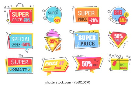 Super price reduction advertisement emblems set. Creative discount logotypes in shape of bright ice cream, gift box and diamond vector illustrations.