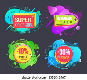 Super price sale set, weekend sale, 10, 30, 35 percent off offer, liquid geometrical abstract and vector shapes, discount offer price signs and tags