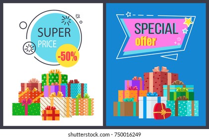 Super price special offer set of two posters with discount adverts in geometric patterns. Vector illustration decorated with colorful presents