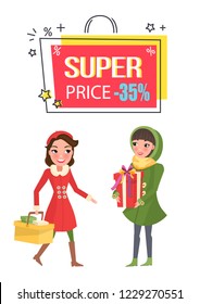 Super price thirty five percent reduction off vector. Women holding presents and basket with bought products at store. Proposition discount on sale