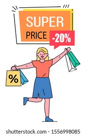 Super price vector, banner with text and discount percentage. Happy shopper with bought items from shops. Lady using discounts at stores buying items on special offer. 20 Percent off reduction