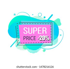 Super price vector, isolated pink banner with lowered cost 20 percent off. Proposition for clients and customers of shop, promotion and marketing