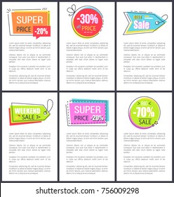 Super price and weekend sale, labels that remind arrows, presents and price-tag with stars and lines, stickers and text on vector illustration