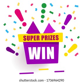 Super prizes win on purple gift box, loyalty program reward. Holiday gift box. Wonder gift with exclamation mark and confetti. Vector icon in modern flat style 