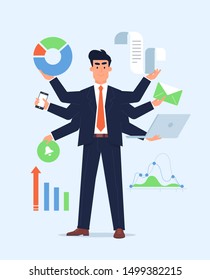 Super productivity manager with the super skills. Diagrams and letters and notebook supportive illustration. Flat simple design. Business graphic.