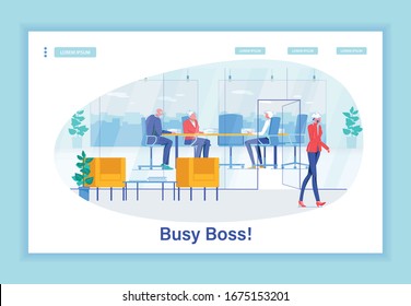 Super Professional Lady Boss, Busy All Day Long. Company Head Leaving Negotiating Table with Business Partners Waiting, to Answer Important Call. Trendy Office with Glass Walls. Banner Template.