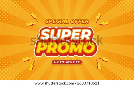 Super promo banner with orange comic pop art sunburst background, halftone dots, and lightning bolt design, special offer up to 50% off discount advertisement template