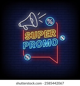 super promo neon sign with brick wall background vector