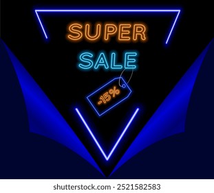 Super promotion with 15% discounts. neon style. in blue and orange. special offer.Vector illustration.