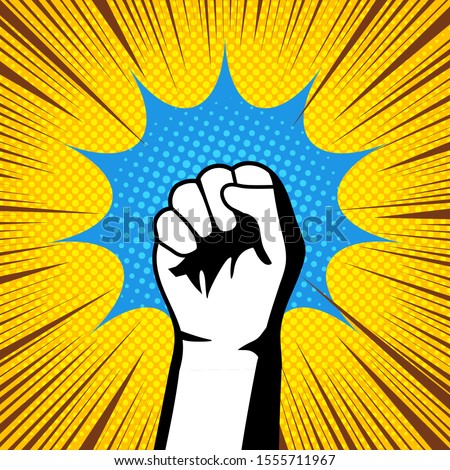 Super punch comic colorful concept with male fist speech bubble and different humor effects. Vector illustration