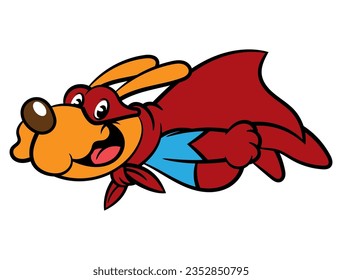 Super Puppy wearing mask, cape, and superhero costume flying on sky. Best for sticker, logo, and mascot with superhero themes for kids