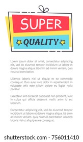Super quality promo sticker in square shape frame with bow above discount sale offer vector illustration in blue and red colors isolated label poster
