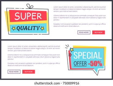 Super quality and special offer, two web pages with information, stickers with stars and buttons below text, vector illustration isolated on white