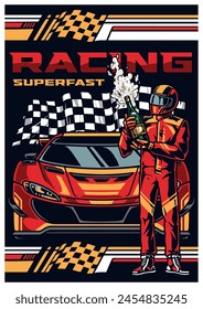 Super racing vintage poster colorful with driver celebrating victory of motorsport competition and opening bottle of champagne vector illustration